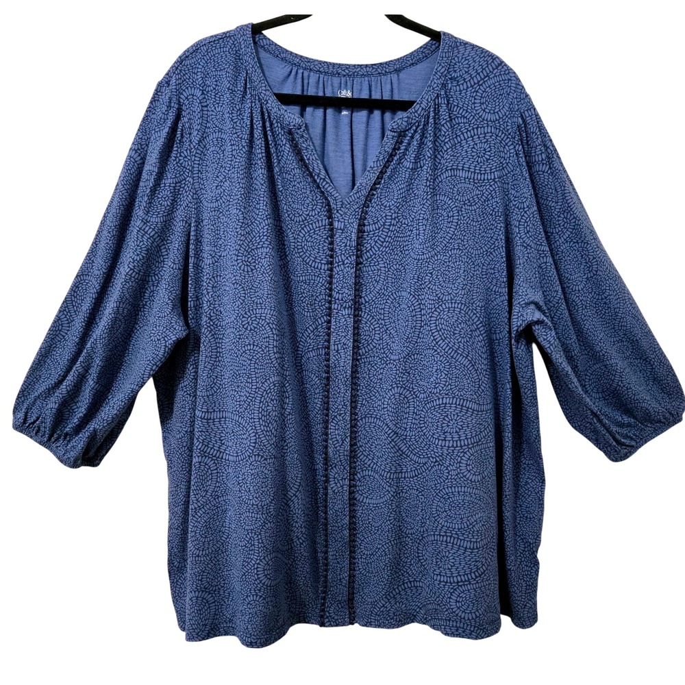 Croft & Barrow Womens Blue Paisley Pom Pom Trim 3/4 Sleeve Blouse Plus Size 2X